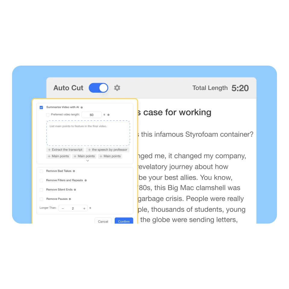 AI transcript view removing pauses and filler words in a classroom tutorial video creator